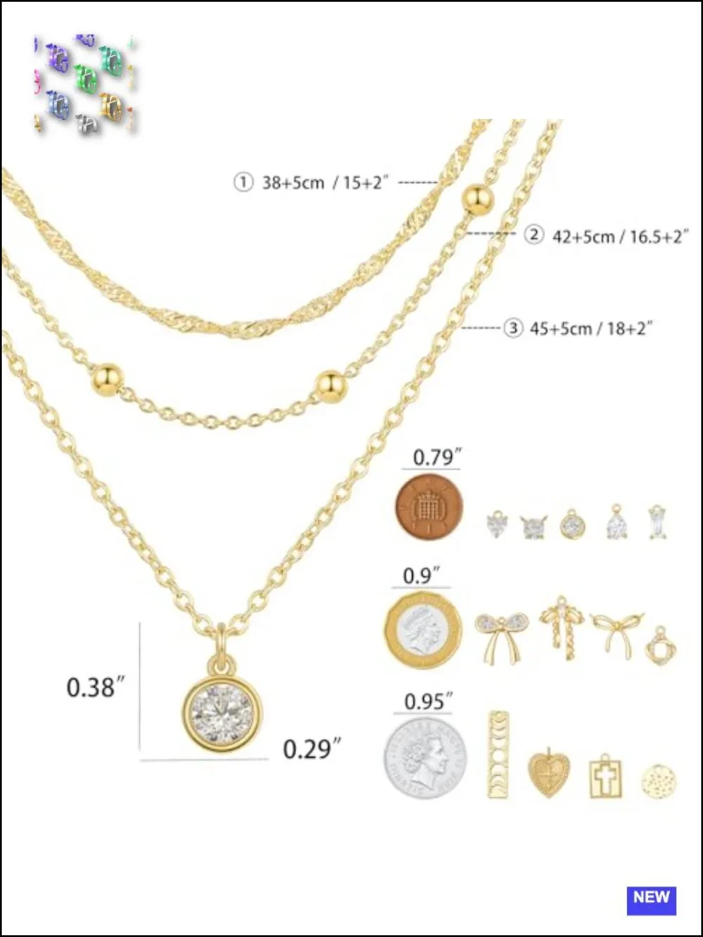 14K Gold Plated Layered 3 Piece Stackable Necklace Set Dainty Pendant